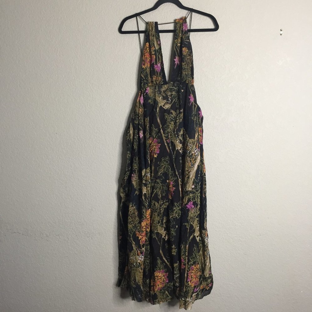 Free People Deep V Neck Black w/ JUngle Print Maxi Dress SZ S